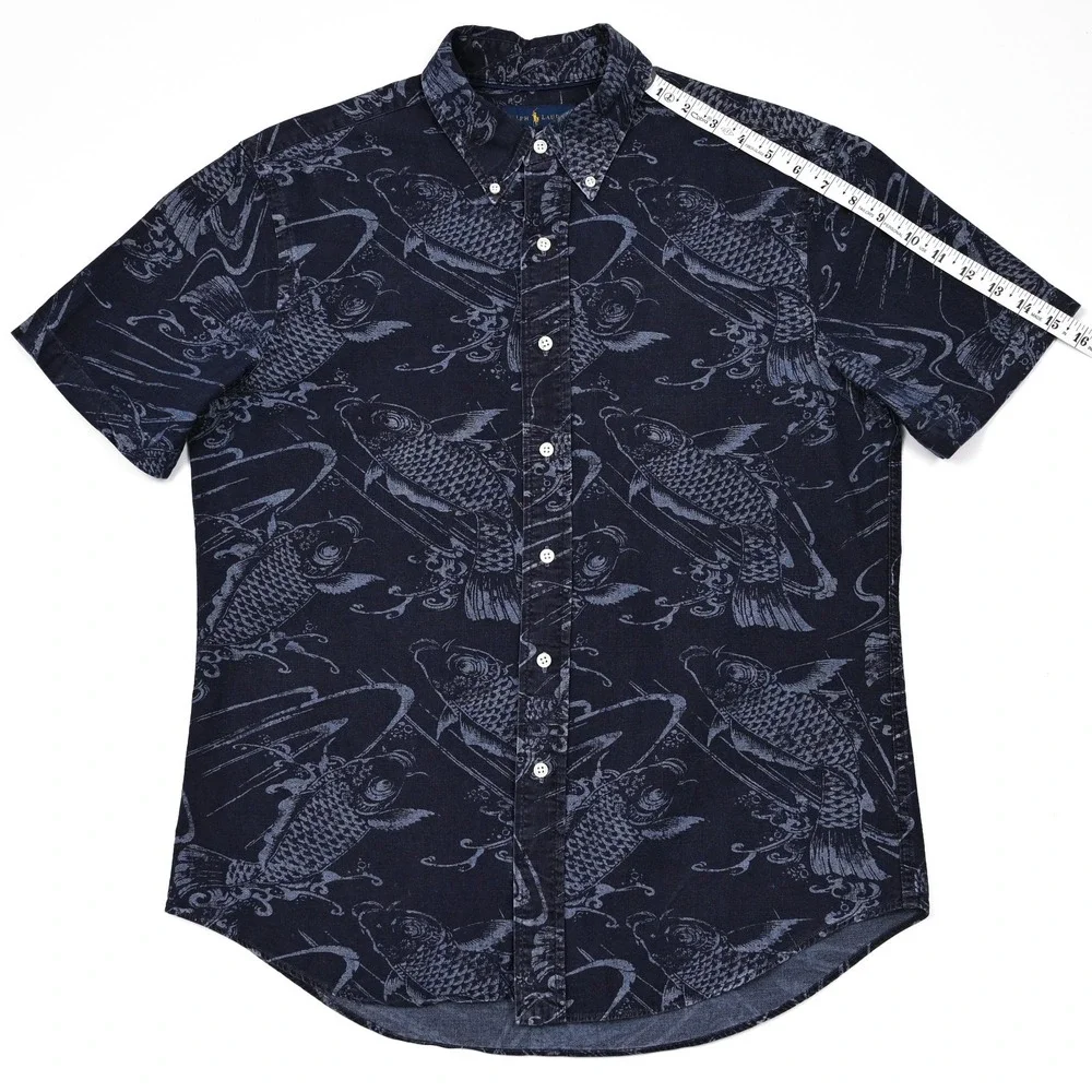Polo Ralph Lauren‎ Slim Fit Button Up Shirt Men's L Blue Koi Fish All Over Print